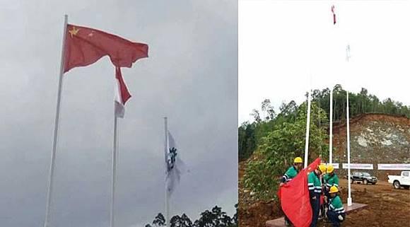 Penurunan bendera Tiongkok di Pulau Obi, Halmahera Selatan, Maluku Utara, Jumat (25/11/2016). (Liputan6.com/Hairil Hiar)